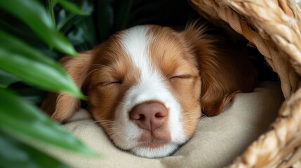 Puppy dreams in a cozy nest of leaves and comfort