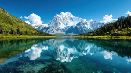 Majestic mountain lake reflecting snow-capped peaks under clear skies