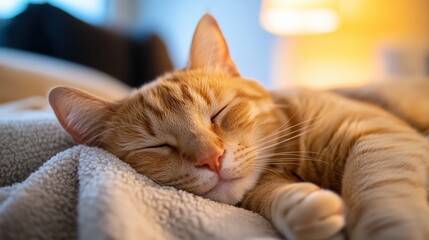 Cozy cat napping in soft blanket under warm morning light