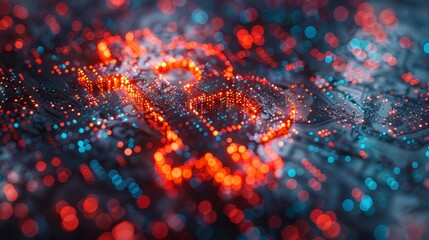 bitcoin sign surrounded by circuit board patterns, glowing with blue and red lights on an abstract background.