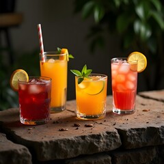 Summer Sips Vibrant Assorted Drinks on a Natural Stone Surface