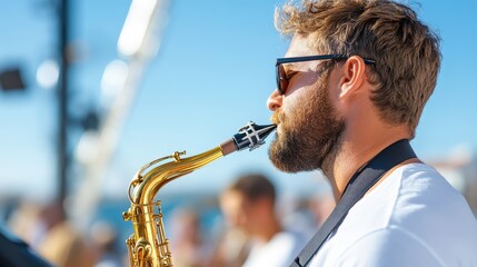 Musician performs passionately with saxophone at summer outdoor concert