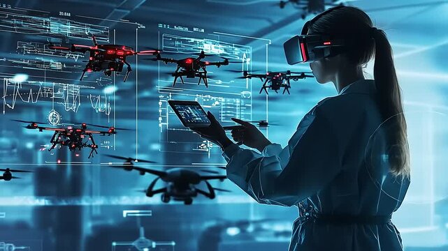 Woman in VR headset controlling drones in a high-tech environment with data displays