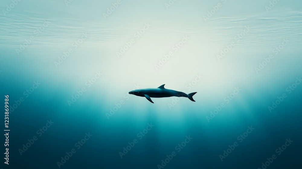 Fototapete pygmy right whale swimming underwater in a deep blue ocean with sun rays filtering through the surfa