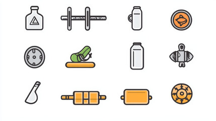 Fitness and healthy lifestyle icons with diet food, gym equipment, slim waist and measure tape. Vector hand drawn signs of workout and sport with dumbbell, yoga mat, water bottle, baseball bat