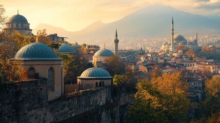Fototapeta premium Golden Hour over Historic Istanbul A Panoramic View with the Majestic Suleymaniye Mosque