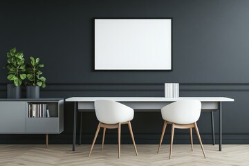 Minimalist home office with white chairs, grey cabinet, and blank frame on dark wall.