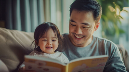 Reading Together,A person and a child reading a book together on a cozy couch with a background bookshelf.