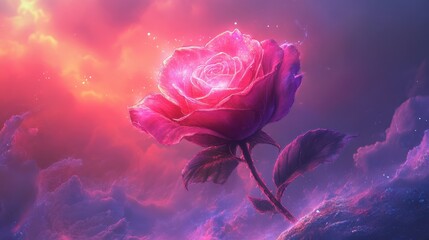 A Glowing Pink Rose Blooms In A Cosmic Sky
