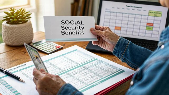 Social security benefits concept, Individual reviewing social security benefits paperwork
