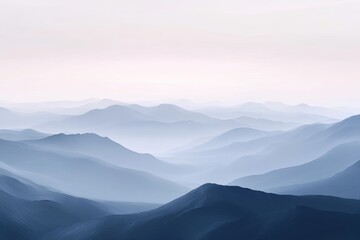 Fototapeta premium Serene blue mountain range landscape in misty haze.