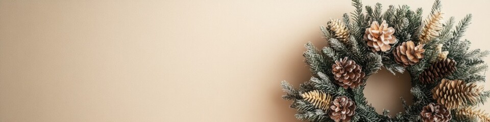 Fototapeta premium A natural pine cone wreath adorns a wall, perfect for rustic or outdoorsy themed designs