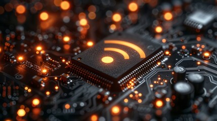 Close-up of a Circuit Board with a Wireless Signal Icon