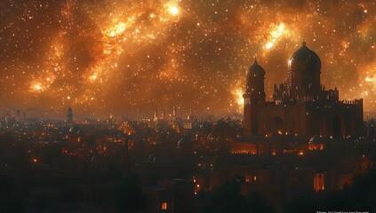 Obraz premium Illustration of Cityscape at Night with Starry Sky and Prominent Domed Building