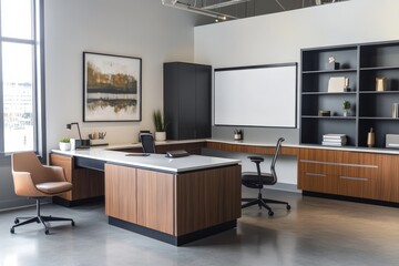 Modern office interior with L-shaped desk, two chairs, shelves, whiteboard, and artwork.