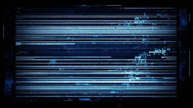 Vhs tv screen texture with blue and white lines and pixels on black background. Realistic vector illustration of abstract retro television noise effect. Vintage video play or rewind digital error.