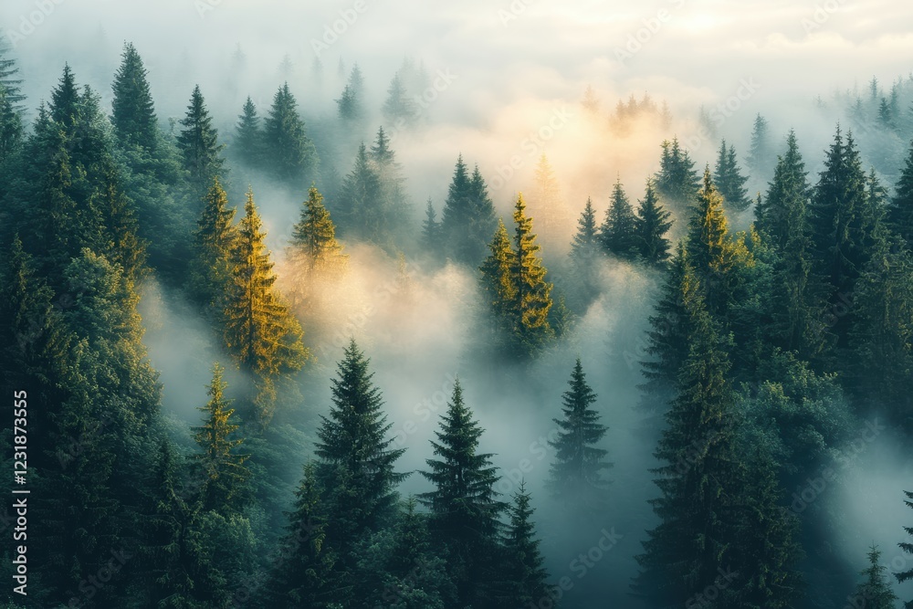 Aufkleber a lush forest veiled in soft mist with sunlight peeking through the trees, creating a serene and enc