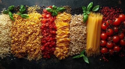Top view of Various types delicious dry Pasta for making food on table, raw ingredients background concept, ready to cook concept