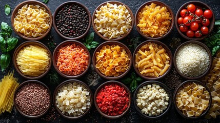 Top view of Various types delicious dry Pasta for making food on table, raw ingredients background concept, ready to cook concept