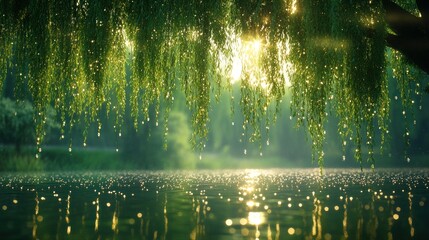 Sunlit weeping willow over calm lake after rain.