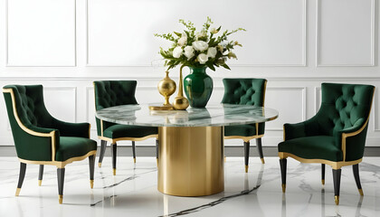Luxurious Emerald Green Velvet Dining Set with Marble Top Table