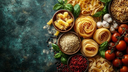 Top view of Various types delicious dry Pasta for making food on table, raw ingredients background concept, ready to cook concept