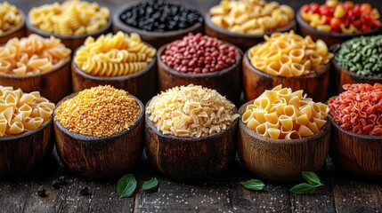 Top view of Various types delicious dry Pasta for making food on table, raw ingredients background concept, ready to cook concept