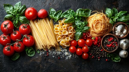 Top view of Various types delicious dry Pasta for making food on table, raw ingredients background concept, ready to cook concept
