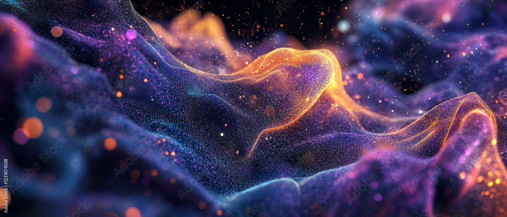 Poster glittering abstract design with particles creating artistic shapes on a dark backdrop