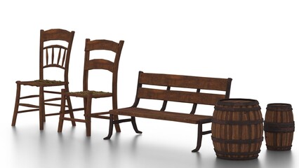 wooden chair and bench on white background