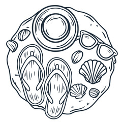 Monochrome summer accessory sticker with beachwear, sunglasses, sunhat, and seashells resting on sandy shore, capturing leisurely vacation mood