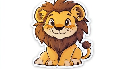 Fototapeta premium Cute cartoon lion cub sitting, white background, children's book illustration