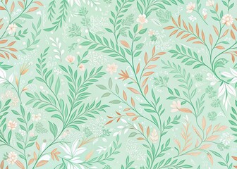 Serene mint green panoramic wallpaper: pastel nature patterns in a textile design.