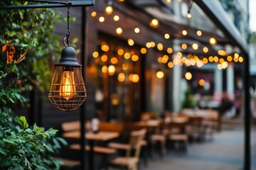 A bustling restaurant with vibrant lights suspended from the ceiling, perfect for capturing the atmosphere of a lively dining experience or promoting a unique eatery