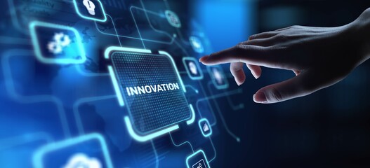 Innovation Driving Business Growth and Technological Advancement, projection on a virtual screen, Business and Technology Concept.