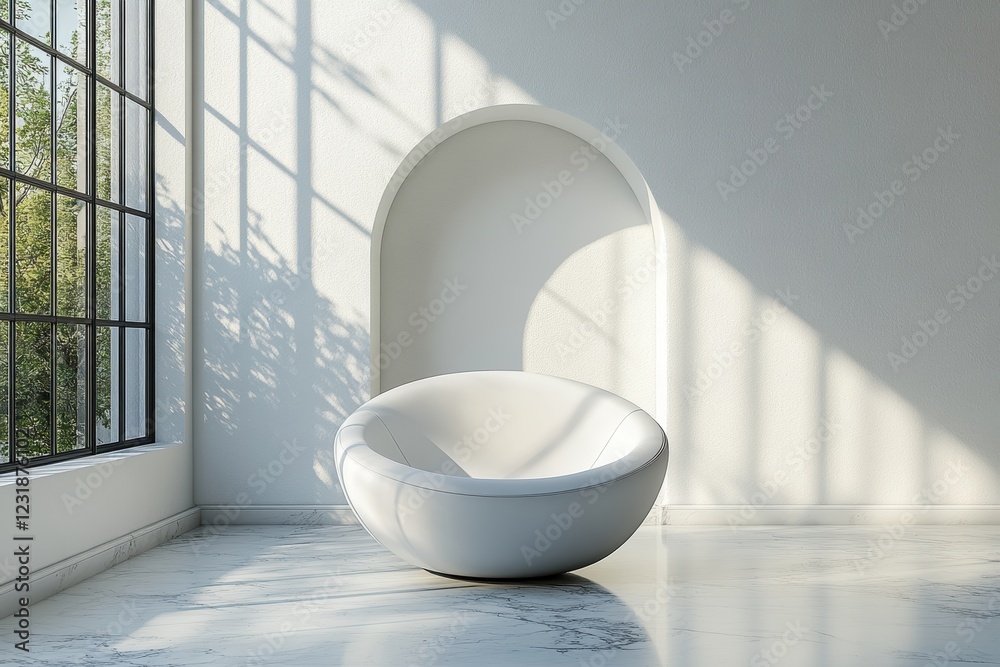 Poster a modern, minimalist seating area featuring a round white chair against a backdrop of large windows 