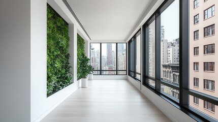Fototapeta premium Modern Interior with Green Wall and City View from High Floor