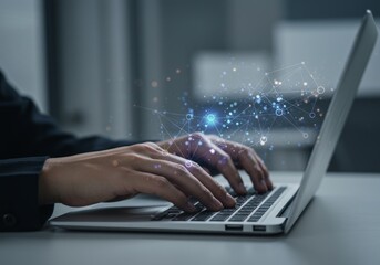 Hands typing on a laptop, overlaid with a glowing data network. Modern, tech-focused, productive