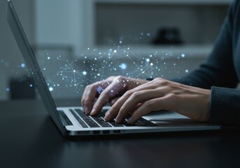 Hands typing on a laptop, overlaid with a glowing data network. Modern, tech-focused, productive