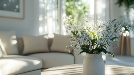 Fototapeta premium A simple still life of white flowers in a vase on a wooden table