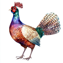 Fototapeta premium Watercolor painting of a vibrant pheasant, detailed plumage, elegant pose.
