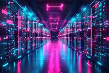 A sleek, futuristic server room glowing with neon data streams and holographic interfaces.