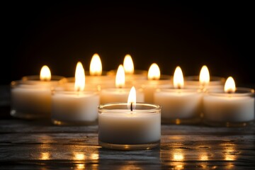 Group of burning white tealight candles creating a warm light on a dark background