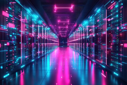 A sleek, futuristic server room glowing with neon data streams and holographic interfaces. - Powered by Adobe