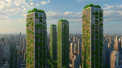 Obraz premium Modern Green Skyscrapers Surrounded by Urban Cityscape Skyline