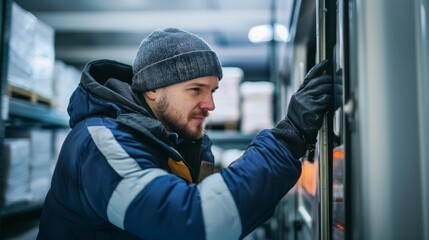 Warehouse Worker Checking Temperature in Cold Storage Environment