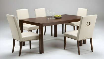 Elegant Modern Dining Set: Dark Wood Table and Cream Leather Chairs