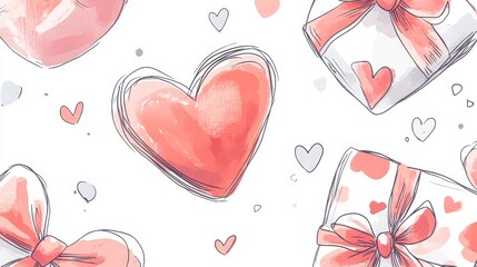 Valentine coquette bow heart seamless pattern, Red pink white holiday ribbon printable repeat digital paper background wallpaper