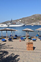 A luxury yacht in the harbour of the idyllic small island of Kythira in Greece