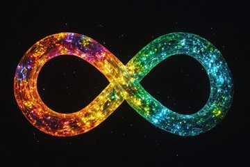 Luminous rainbow infinity symbol on black background.